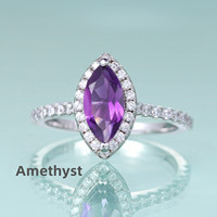 KH080 Bague en argent 925 avec halo de pierres précieuses naturelles de forme marquise délicate 5*10MM, grenat, améthyste, topaze bleue, CZ blanc, pour cadeaux