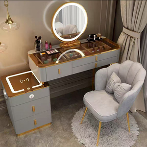 Coiffeuse intelligente avec miroir lumineux à chargement <span class=keywords><strong>sans</strong></span> <span class=keywords><strong>fil</strong></span>, meuble de rangement moderne et minimaliste en bois pour chambre à coucher, idéale pour l'hôtellerie - Product Image 1