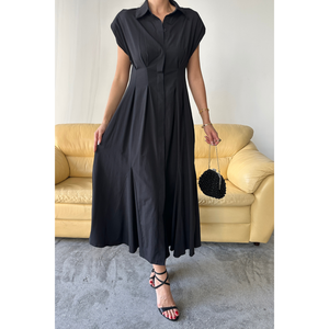 เดรสผ้าป๊อปลินสีดำแขนกุดทรงหรูหรา แต่งดีเทลจับจีบช่วงเอว ติดกระดุมด้านหน้า เหมาะสำหรับใส่ทำงาน ไซส์ S - Product Image 5