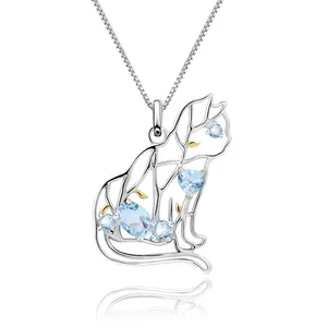 Abiding Cat Animal Blue Topaz Gemstone Women Handmade Fashion 925 Sterling Silver Jewelry Necklace Pendant