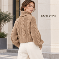 Pull en maille torsadée à col roulé personnalisé pour femme, à manches longues et coupe courte, pour l'automne et l'hiver, style décontracté