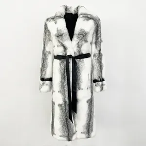 OFTBUY 2024 <span class=keywords><strong>Cappotto</strong></span> Invernale Sopra il Ginocchio in Pelle Integrale con Pelliccia di Coniglio Importata, Stampa Leopardata, Imbottito e Caldo - Product Image 3