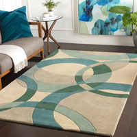 Alfombra de Lana de Nueva Zelanda Hecha a Mano por Rugfine, Color Verde Azulado y Marfil, Alfombra Artesanal de Primera Calidad con Elegante Diseño Botánico