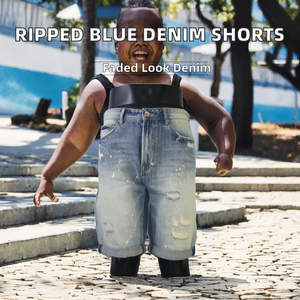 Shorts en jean déchirés et usés pour hommes, coupe droite décontractée, tissés respirants, de haute qualité, vente en gros, été, bleu - Product Image 2