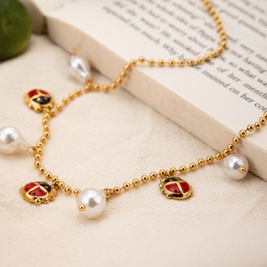 Ladybug Necklace Gold Chain Layered Pearl Insect Charm Women's Fashion Jewelry for Sweaters Autumn Winter Accessory - Product Image 3