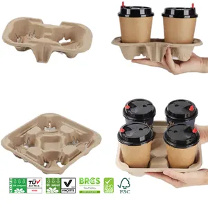 Takeaway 2 4 Cup Carrier Disposable Clip-On Utility Coffee Drink Cup Paper Pulp Fiber Holder Tray For 8-32 Oz