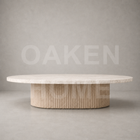 Table basse ronde en travertin OAKEN avec base en bois massif rainuré verticale, table centrale Wabi Sabi, meubles de salon pour villa