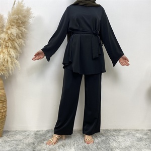 2272# Solid Color Popular Office Sets Long Sleeve Blouse Loose Wide Leg Pant 2 Pieces Sets Abaya for Muslim Women 5 Colors - Product Image 5