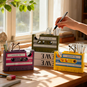 Portalápices Retro con Diseño de Cinta <span class=keywords><strong>Cassette</strong></span>, Soporte para Bobina de Cinta, Cortador de Cinta, Organizador Multifuncional para Oficina, Caja de Almacenamiento para Escritorio - Product Image 4