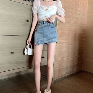 Roze denim rok dames wikkel asymmetrische Y2K hoge taille minirok hartknop rauwe zoom streetwear mode blank custom - Product Image 2