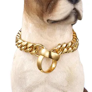 Цепочка Из Нержавеющей Стали для дрессировки собак, ожерелье золотистого цвета, кубинская цепь из титановой стали для собак всех размеров, 14 мм
