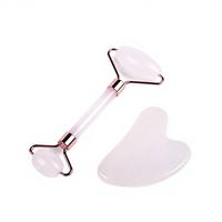 Planche Gua Sha en Jade Rose Naturel en Forme de Cœur, Ensemble de Rouleaux Double Tête, Masseur Facial et Corporel, Soin Anti-âge du Cou, en Alliage de Zinc