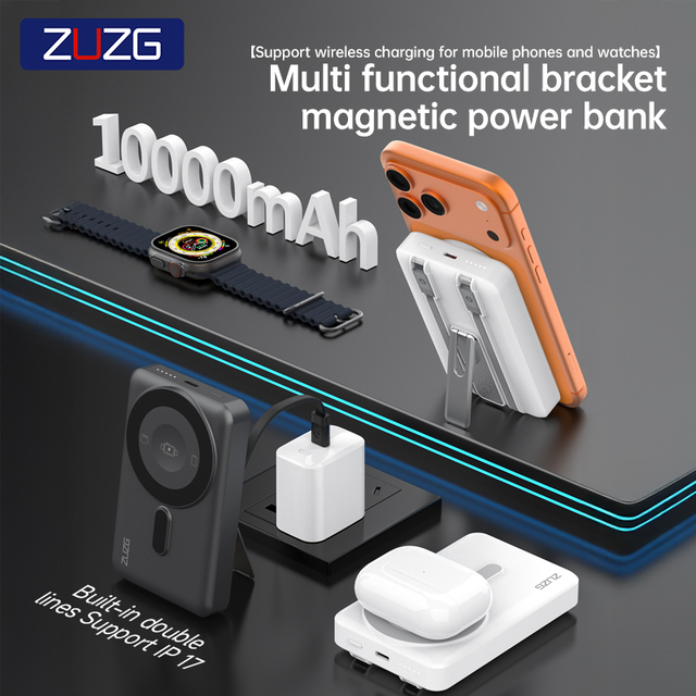 ZUZG Best Seller 10000mAh PD20W+22.5W Power Bank 15W Magnetic Wireless Charging Power Banks with Built-in Foldable Stand