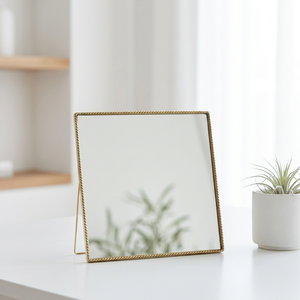 Miroir de table carré en verre avec cadre en laiton et support pliable, design décoratif moderne et minimaliste - Product Image 1