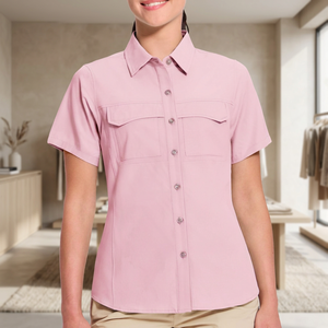 Women's <b>Pink</b> Short Sleeve Button-Up Shirt With Chest Pockets Anti-UV UPF 50 Polyester Fishing Wear - Product Image 3