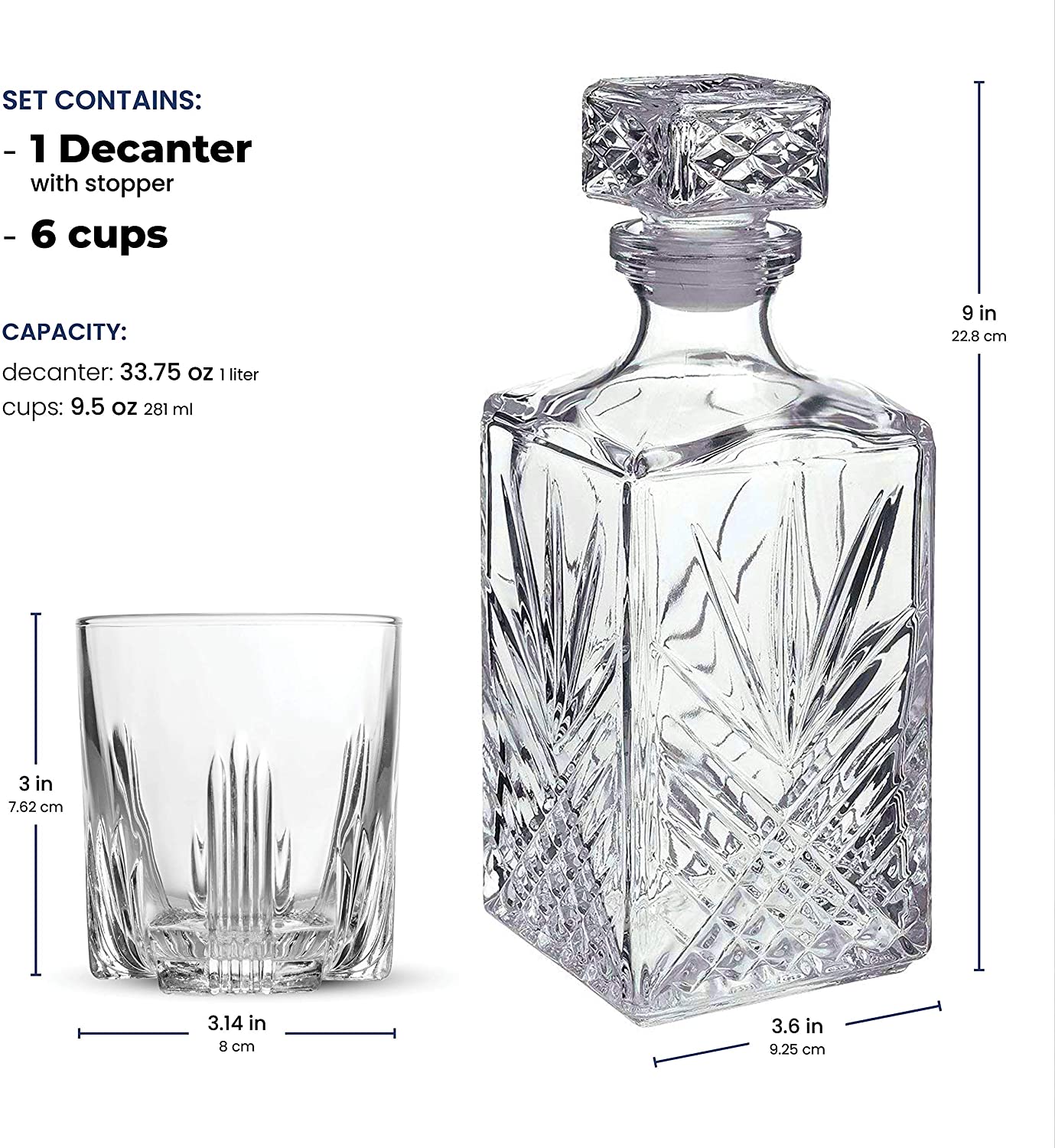 7-Piece Crafted Glass Decanter & Whisky Glasses Set Elegant Whiskey Decanter with Ornate Stopper