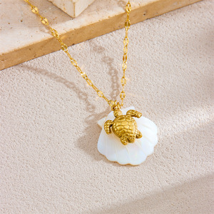 <b>Beach</b> Ocean Theme Stainless Steel Pendant <b>Necklace</b> 18K Gold Plated Starfish Conch Shell Turtle Charm Gift Jewelry - Product Image 3