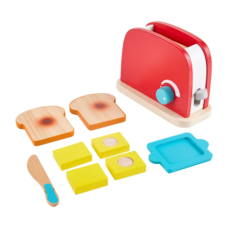 red wood kitchen accessories Educational real mini Pretend role paly kids wooden toaster toy set to play