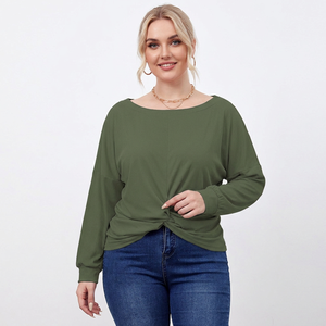 T-shirts à manches longues pour femmes grandes tailles, couleur unie, style décontracté, coupe irrégulière croisée, surdimensionnés, personnalisables en usine, collection automne - Product Image 1