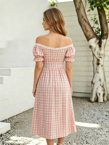 Abito Midi Casual estivo da <span class=keywords><strong>donna</strong></span> <span class=keywords><strong>taglie</strong></span> forti dolce con collo quadrato francese con motivo a quadri in pizzo con bottone intrecciato miglior Shopping <span class=keywords><strong>Online</strong></span> - Product Image 2