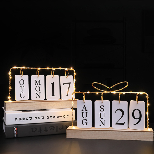 Factory Wholesale With LED Light Metal Wooden Crafts Calendar Desktop Decoration Flipping Calendar Home Decor Art