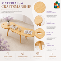 Mesa de Centro Ovalada Expandible Giratoria con Dos Superficies Laterales Redondas Giratorias de Bambú, Madera Natural, Estilo Moderno para Sala de Estar