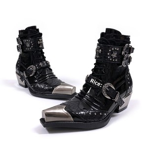 Bottes <span class=keywords><strong>Chelsea</strong></span> unisexes pour hommes, style <span class=keywords><strong>punk</strong></span> métallique, à bout pointu, montantes à la cheville, avec clous et patchwork, à talon épais rehaussant, pour l'été et l'hiver - Product Image 3