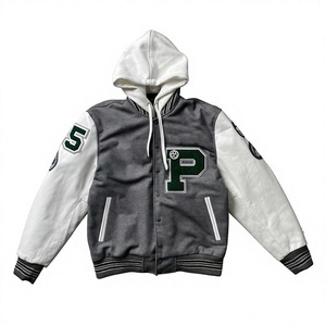 Veste universitaire à capuche pour homme, gris et blanc, lettre P brodée, fermeture à boutons, style preppy, vêtements décontractés d'automne, coupe classique - Product Image 1