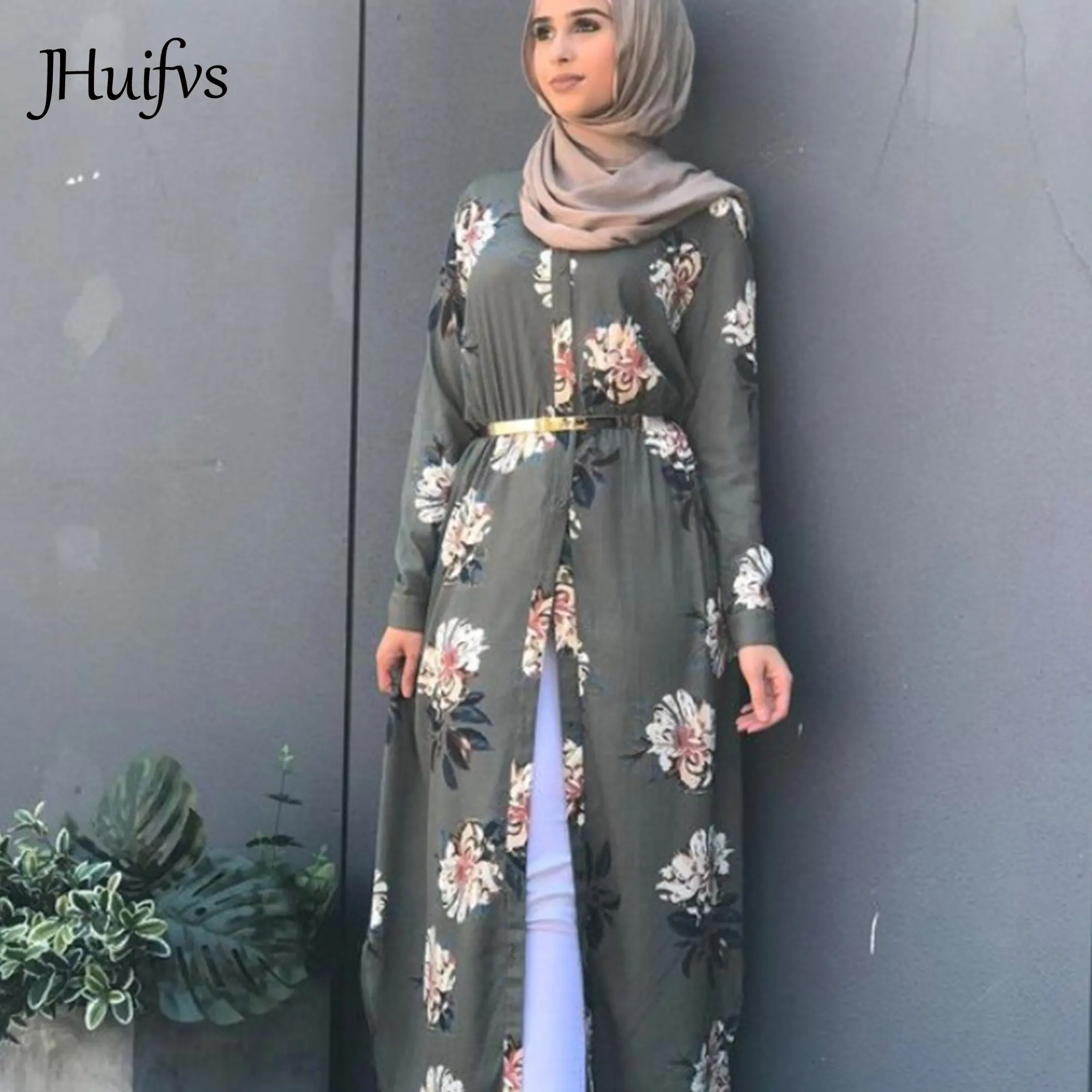 2020 New Trendy Ragazze Stampato Floreale Manica Lunga Aperto Cardigan Modest Muslimah Vestito