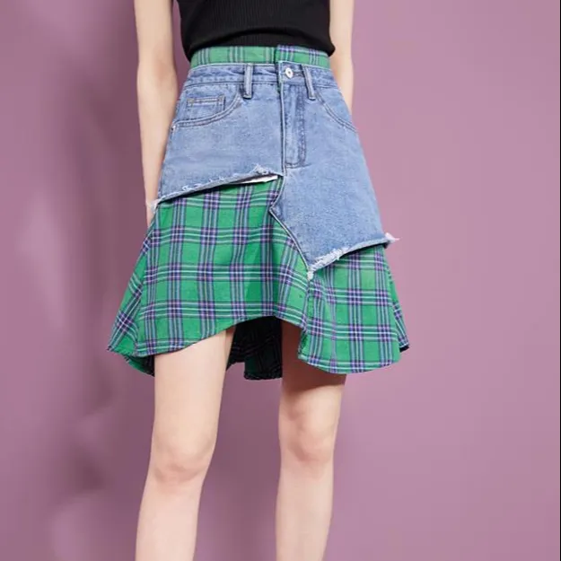 Wholesale Summer New Plaid Patchwork Jean Skirt Women's Irregular A-line Skirt