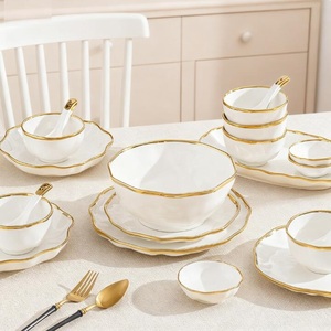 China Dinner <b>Set</b> Ceramic Golden Rim Plates Platter Dessert Dishes and Soup Bowls <b>Sets</b> 62pcs Home Dinnerware - Product Image 3