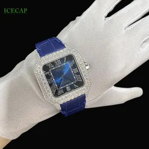 Jam tangan hip hop pria, arloji berlian mewah tali biru iced out VVS Moissanite