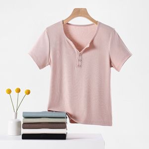 Women's Short Sleeve T-<b>Shirt</b> Slim Fit Solid Color <b>Half</b> Open Collar <b>Button</b> Front Spring Summer Top - Product Image 4