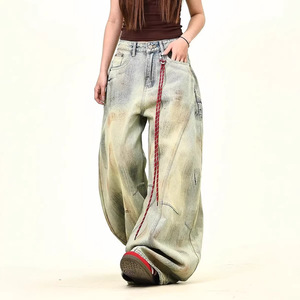 Pantalon Harem en Denim Américain Unisexe, Coupe Ample et Large, Délavé Moyen, Effet Teinture Boue Jaune, Style Urbain International, Effet Usé - Product Image 4
