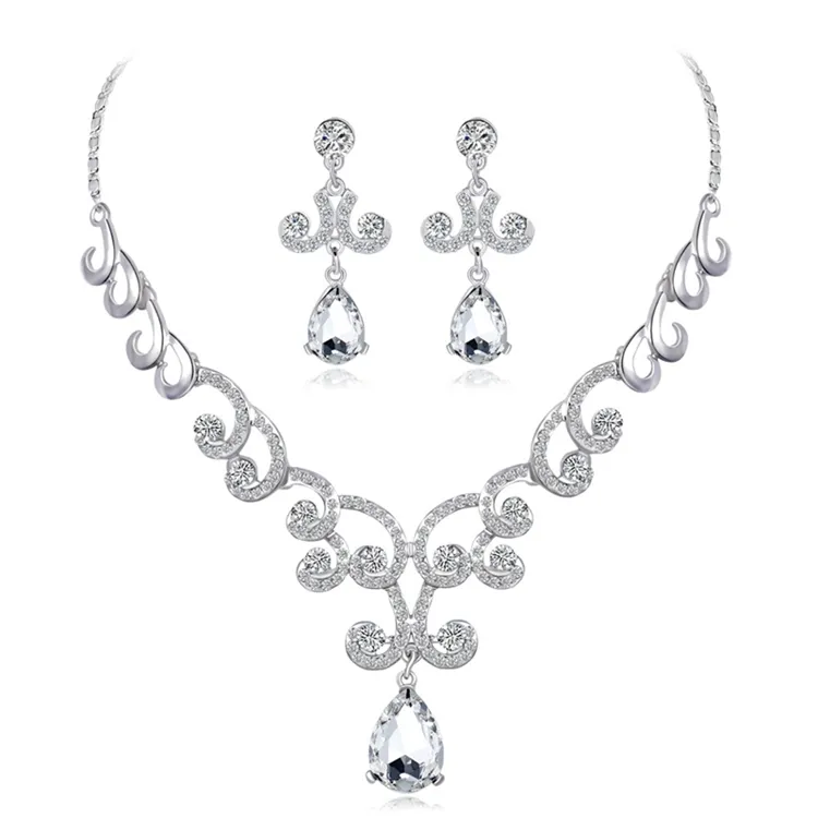 Europe Hot Sale Wedding Silver Rhinestone Crystal Clouds Wave Waterdrop Women Necklace Earrings Bridal Jewelry Set