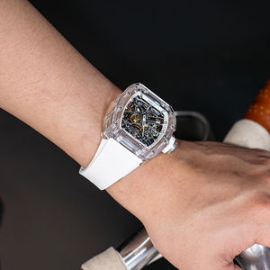 맞춤형 럭셔리 오토매틱 기계식 남성용 시계, 빛나는 손이 있는 크리스탈 케이스 투명 다이얼, 고무 스트랩 스포츠 시계 - Product Image 3