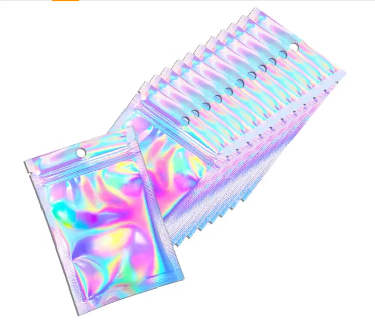 Mylar Holographic Resealable Zipper Foil Bags Clear Window Small Business Food Storage Packaging Pouch Smell Proof Plastic