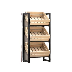 Expositor de madera plegable de 2 niveles con contenedores de listones, estructura metálica, de pie, resistente, para frutas, verduras y vinos. - Product Image 1