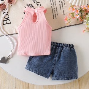 Top estivo a costine rosa e bianco con laccetti da ragazza + <span class=keywords><strong>pantaloncini</strong></span> in denim con fiocco dolce in cotone per bambini - Product Image 3