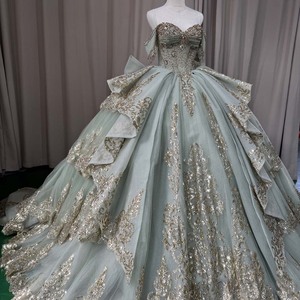 Jancember MCT020 Elegante Abito Verde Menta <span class=keywords><strong>per</strong></span> Quinceañera con Scollo a Cuore, Pizzo Dorato e Fiocco - Product Image 2