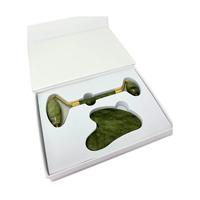 Outil de Gua Sha en jade naturel 2 en 1, rouleau de jade vert, masseur facial avec cadre en alliage inoxydable, boîte cadeau pour le visage et le corps