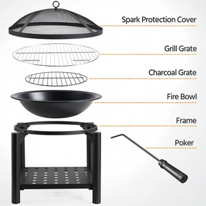 Patio Backyard 21.5 in Portable Round Steel Firepit Black <b>Wood</b> Burning <b>Fire</b> Pit with Rack - Product Image 3