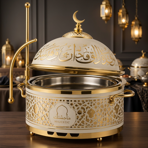 Calentador de Comida Tipo Buffet de Acero Inoxidable con Acabado en Oro Blanco de Lujo, Recipiente Redondo para Calentar Alimentos para Hoteles y Servicios de Catering - Product Image 6