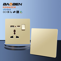 BAOBEN Panneau de prise murale ultra-mince de type 86, finition or mat, 16A, double commande, 5 trous avec voyant néon