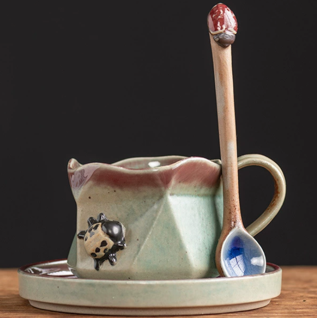 Taza y plato Beetle - verde vintage (sin cuchara)