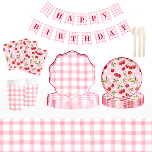 Ensemble de vaisselle jetable DAMAI sur le thème des fruits, cerise rose, joyeux anniversaire, pour 10 invités, assiettes à dessert et à dîner en papier, ensembles de vaisselle de fête - Product Image 1