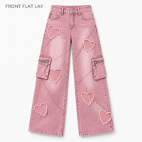 Jeans en denim à jambes larges pour femmes, avec application de cœur, pantalon cargo multi-poches pour un style streetwear