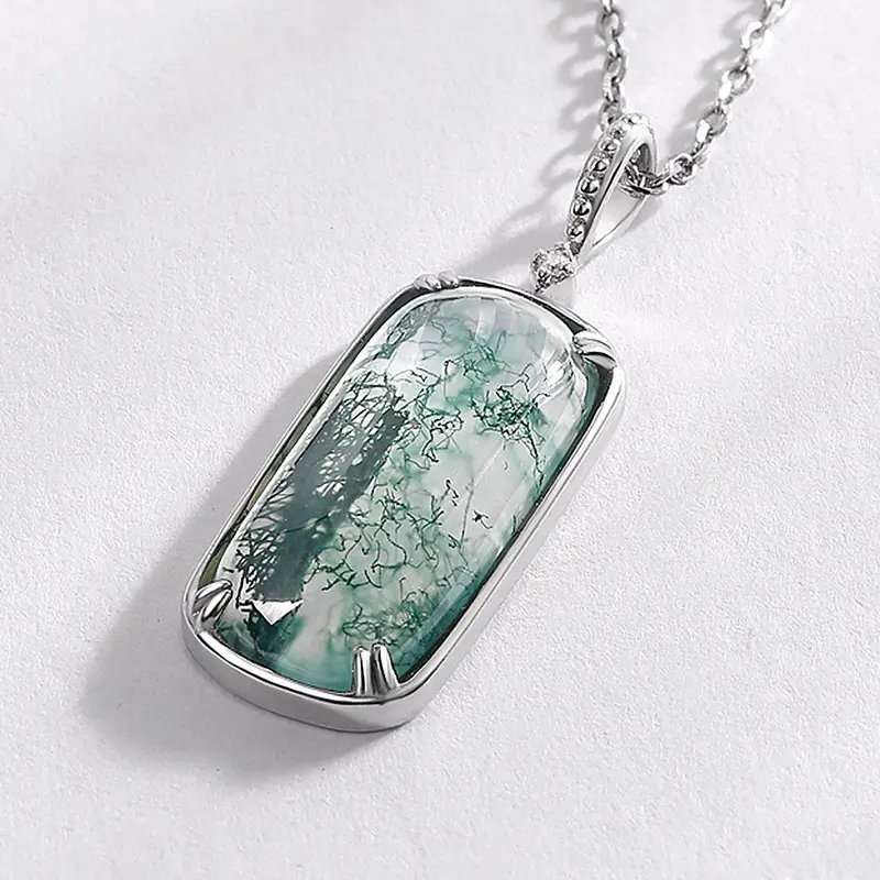 Wholesale 925 Sterling Silver Natural Green Moss Stone Trendy Pendant Necklace for Women