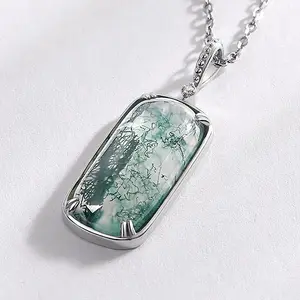 Wholesale 925 Sterling Silver Natural Green Moss Stone Trendy Pendant Necklace For Women