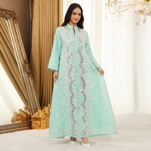 <strong>Zip</strong> Front Stand Collar Sequin Floral Print Abaya, Loose Wide Sleeve Muslim Maxi Dress Women Ethnic Long Kaftan <strong>Gown</strong> - Product Image 3